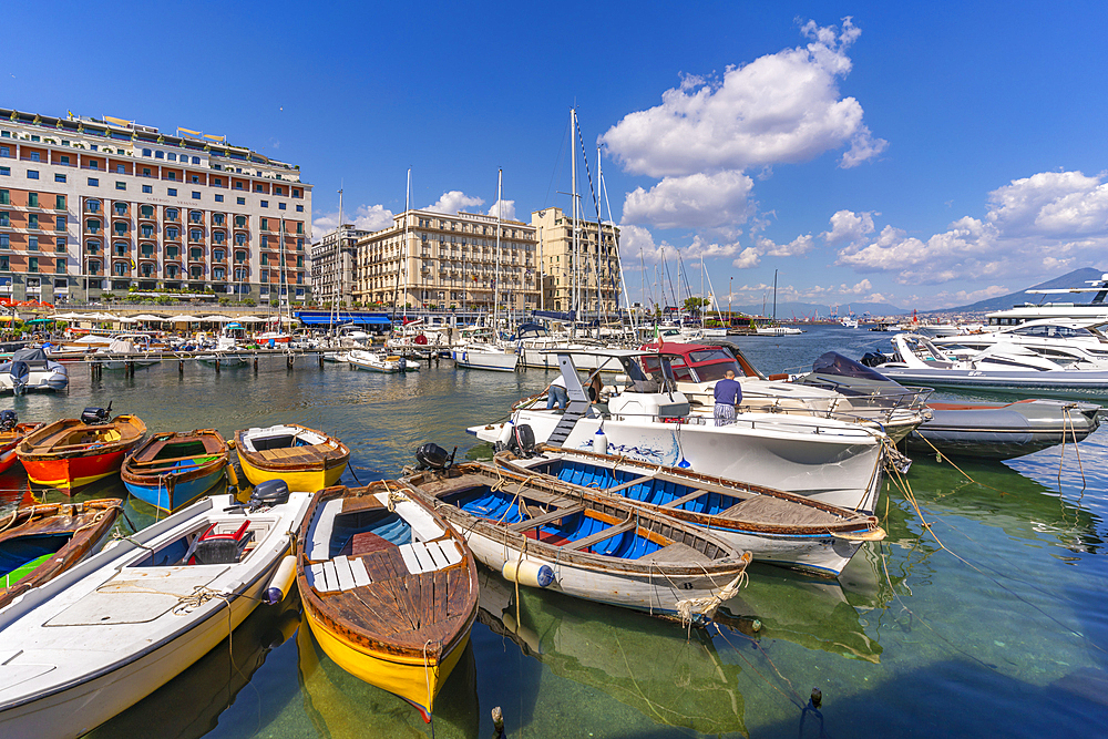 View of boats in harbour, restaurants from Ovo Castle, Naples, Campania, Italy, Europe