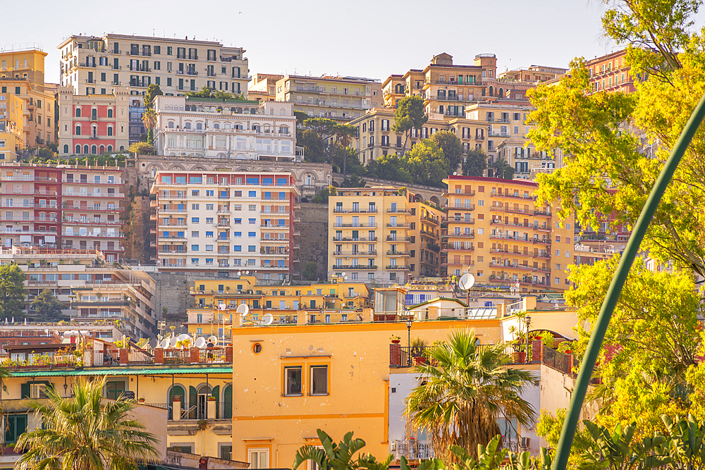 View of pastel coloured villas near Sant'Elmo Castle from Rotonda Diaz, Naples, Campania, Italy, Europe