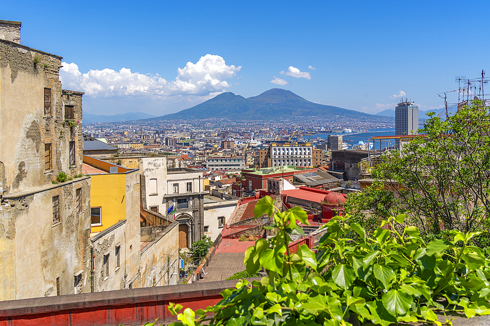 Elevated view of Naples and Mount Vesuvius in the background, Naples, Campania, Italy, Europe