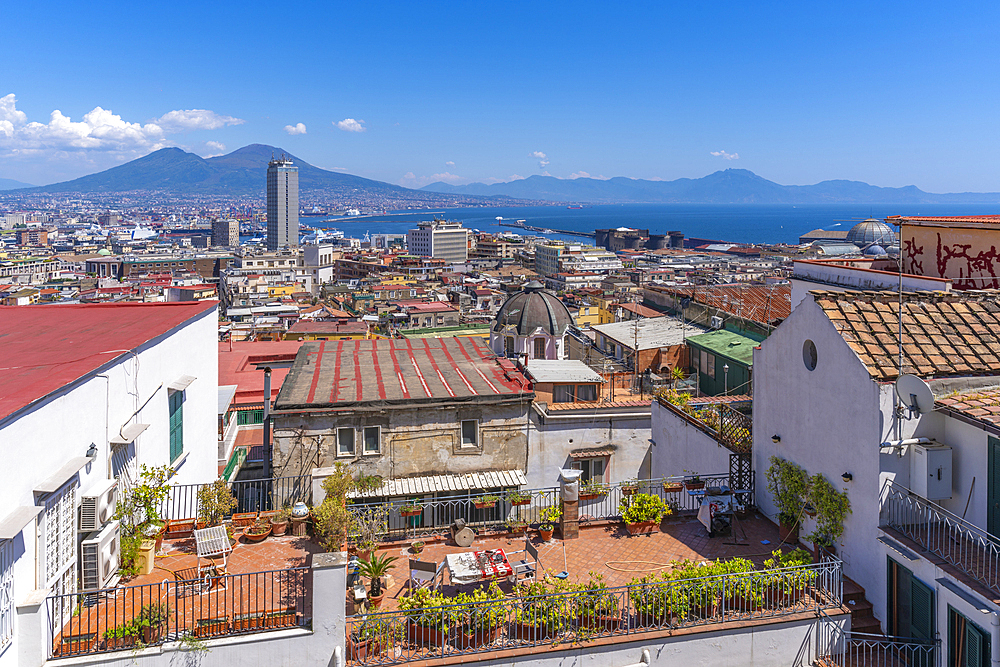 Elevated view of Naples and Mount Vesuvius in the background, Naples, Campania, Italy, Europe