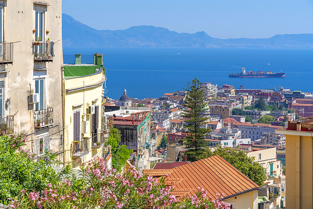 Elevated view of Naples and Amalfi Coast in background, Naples, Campania, Italy, Europe