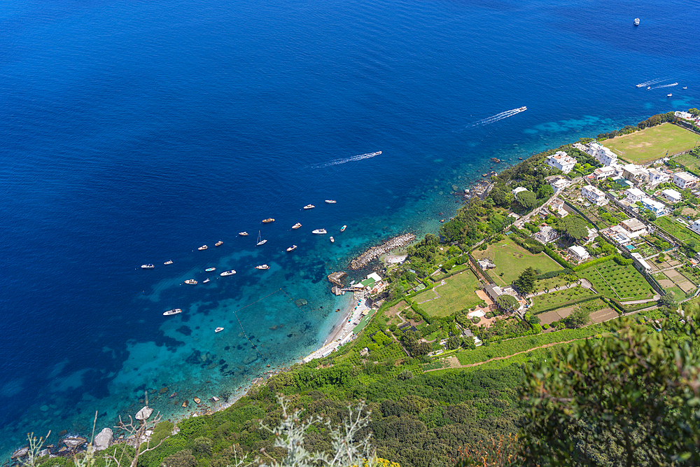 View of sea and coastline from Anacapri panorama view point, Anacapri, Isle of Capri, Bay of Naples, Campania, Italy, Mediterranean, Europe