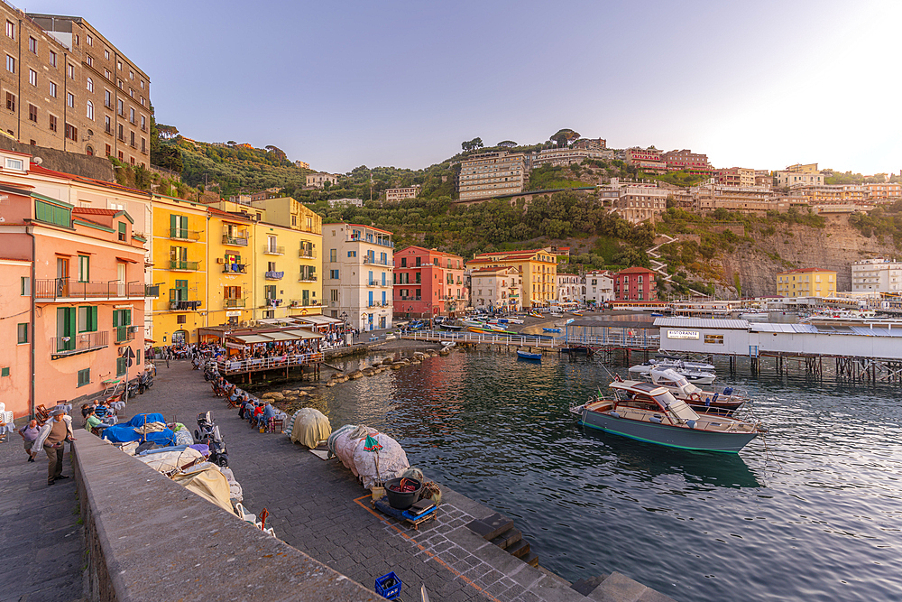 View of Sorrento harbour and Bay of Naples at sunset, Sorrento, Campania, Italy, Mediterranean, Europe