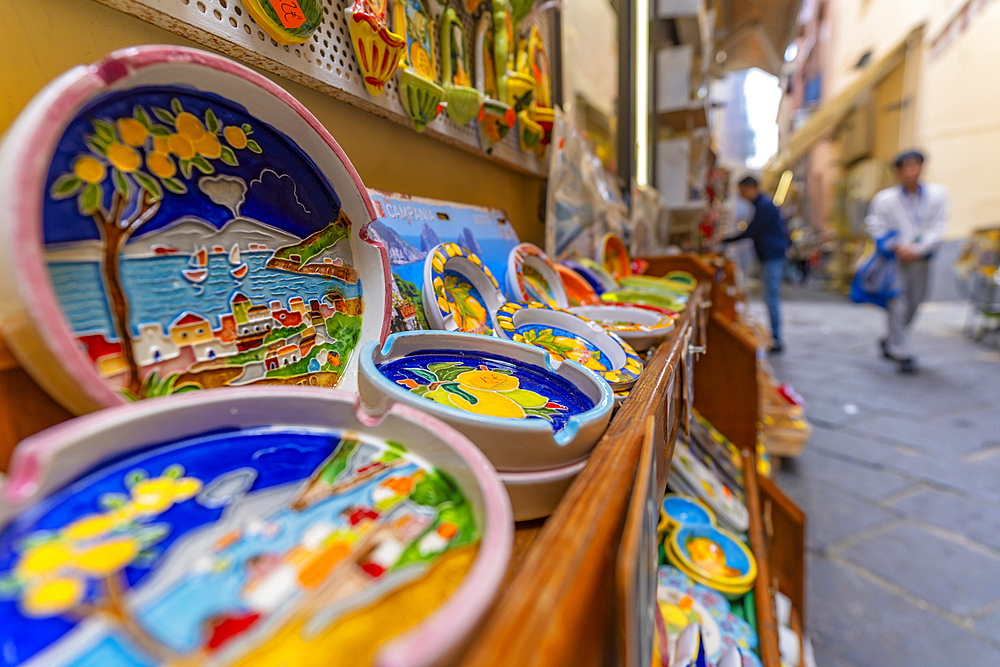 View of Sorrento souvenirs in narrow street, Sorrento, Campania, Italy, Mediterranean, Europe