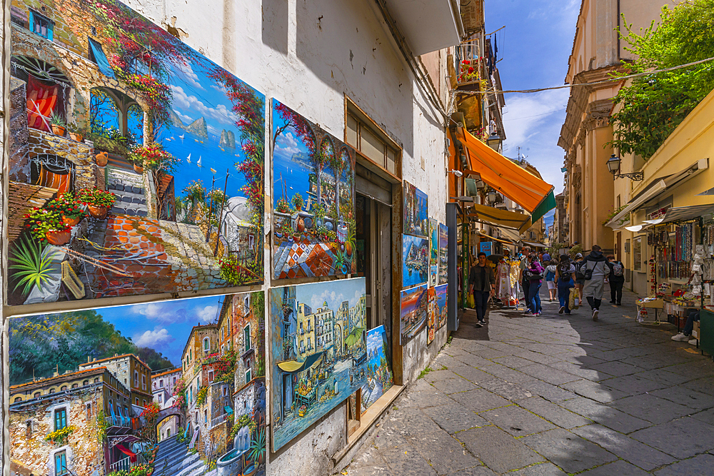 View of Sorrento souvenirs in narrow street, Sorrento, Campania, Italy, Mediterranean, Europe