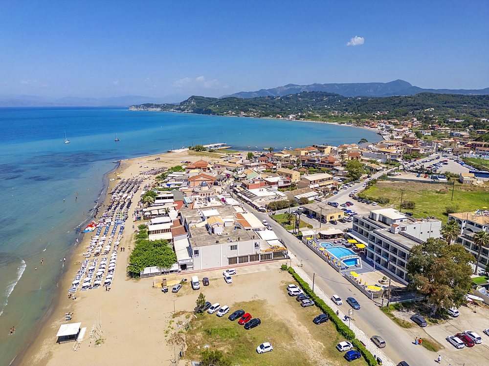 Aerial view of town and Paralia Sidari Beach, Sidari, Ionian Islands, Greek Islands, Greece, Europe