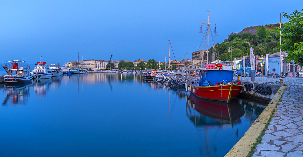 View of boats in the Old Port Marina at dusk, Corfu, Ionian Sea, Greek Islands, Greece, Europe