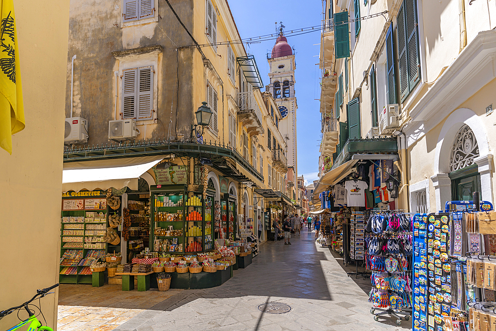 View of shops and Holy Church of Saint Spyridon, Corfu Old Town, UNESCO World Heritage Site, Corfu, The Ionian Islands, Greek Islands, Greece, Europe