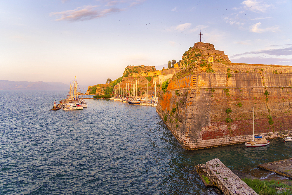 View of Old Fortress of Corfu during golden hour, UNESCO World Heritage Site, Corfu Town, Corfu, Ionian Sea, Greek Islands, Greece, Europe