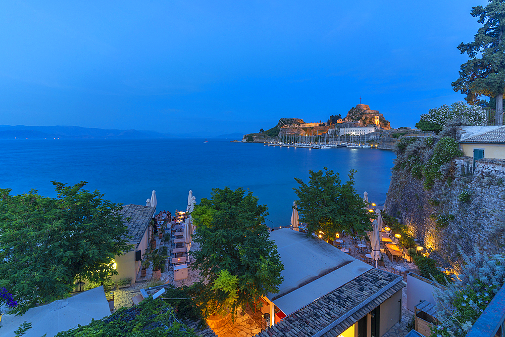 View of Old Fortress of Corfu at dusk, Corfu Town, Corfu, Ionian Sea, Greek Islands, Greece, Europe