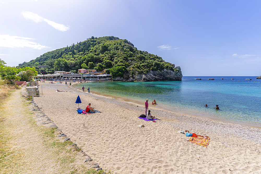 View of Agios Spiridon Beach in Palaiokastritsa, Palaiokastritsa, Corfu, Ionian Sea, Greek Islands, Greece, Europe