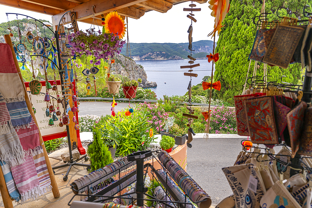 View of souvenir shop at the Monastery of Paleokastritsa in Palaiokastritsa, Corfu, Ionian Sea, Greek Islands, Greece, Europe