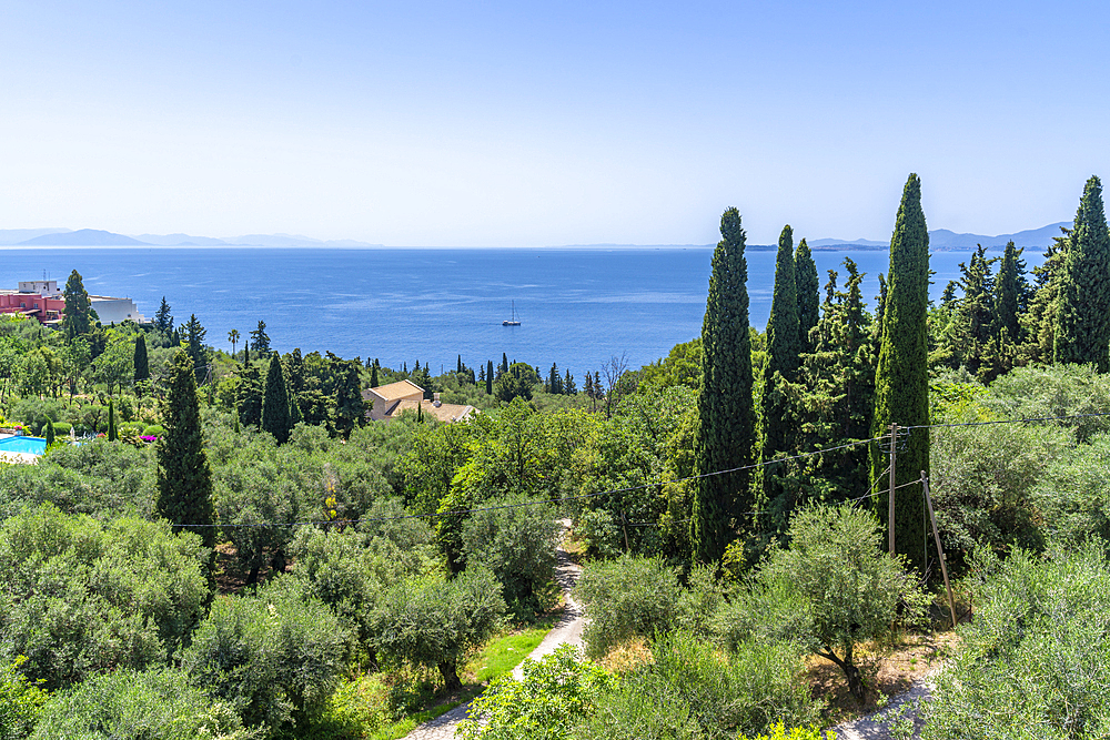 View of Ionian Sea and and coastline near Kassiopi, Kassiopi, Corfu, Ionian Sea, Greek Islands, Greece, Europe