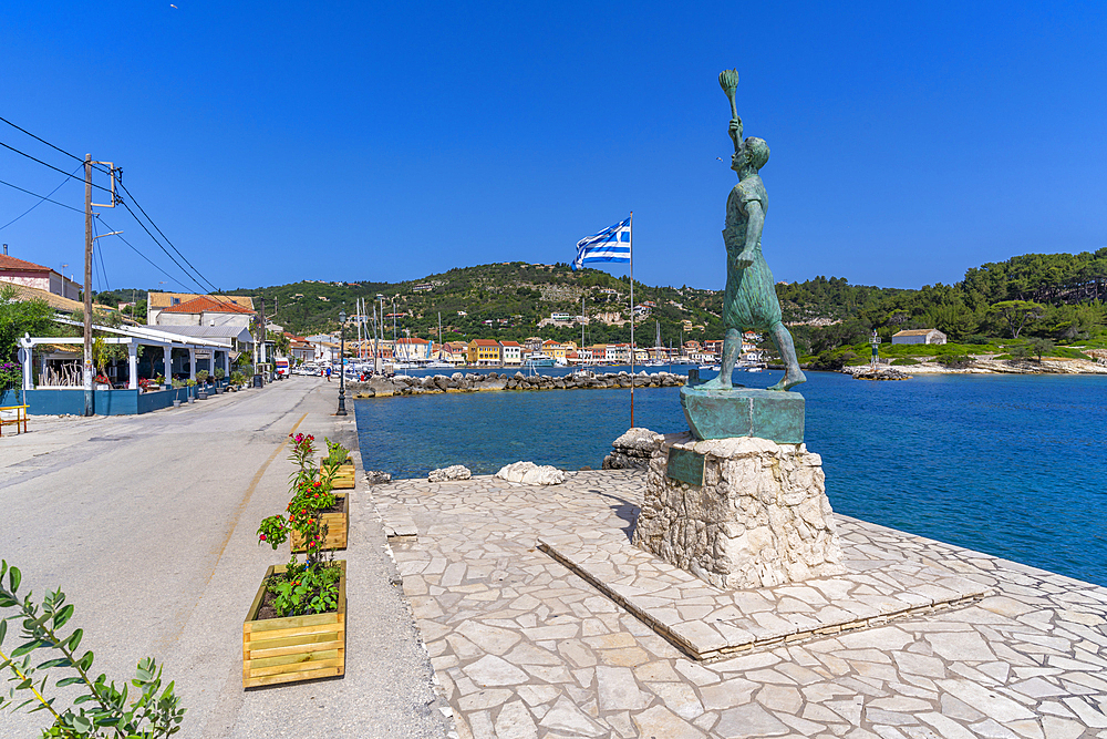 View of Georgios Anemogiannis Statue in the harbour in Gaios Town, Paxos, Ionian Sea, Greek Islands, Greece, Europe