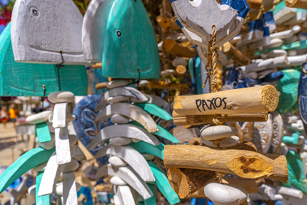 View of souvenirs in Gaios Plaza de l' Ascension in Gaios Town, Paxos, Ionian Sea, Greek Islands, Greece, Europe