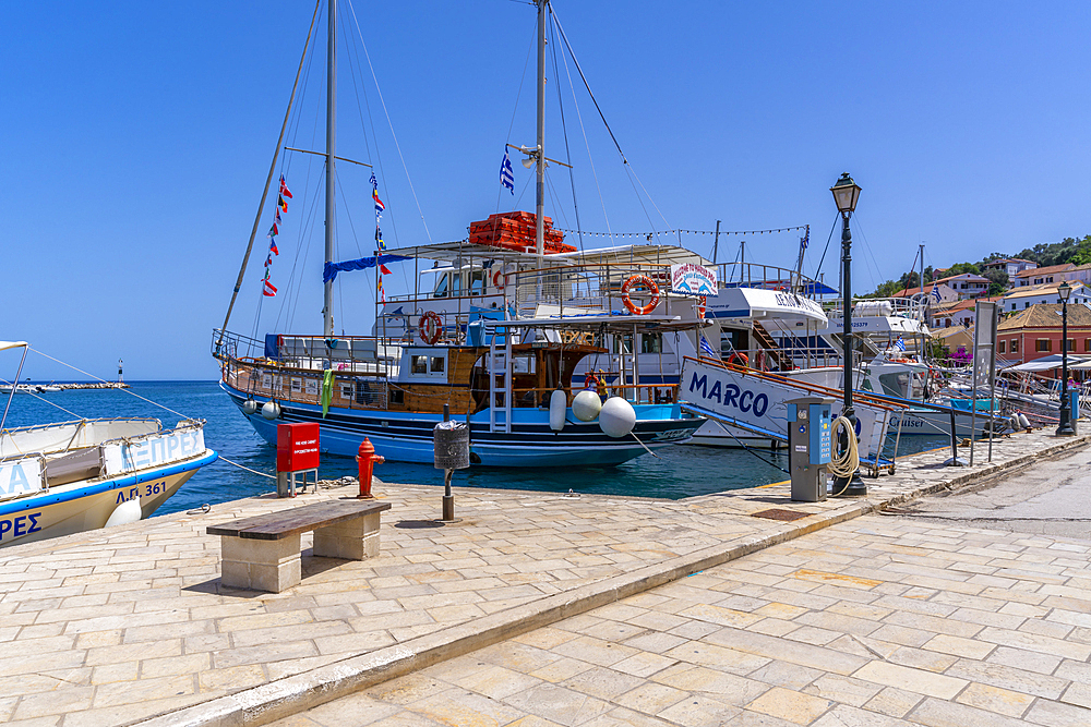 View of boats in the harbour in Gaios Town, Paxos, Ionian Sea, Greek Islands, Greece, Europe