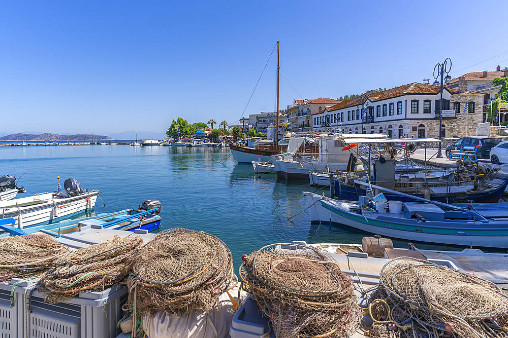 View of boats and harbour in Thassos Town, Thassos, Aegean Sea, Greek Islands, Greece, Europe