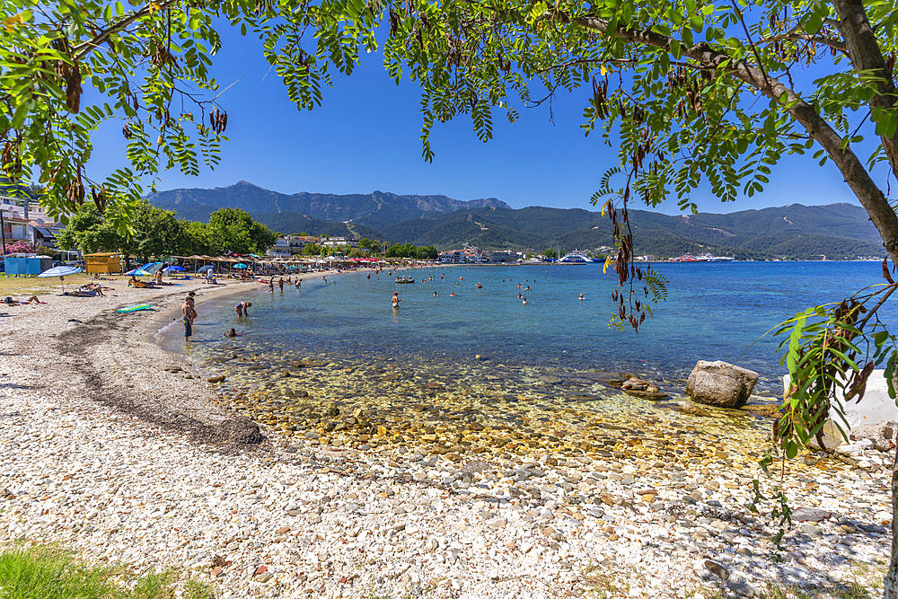 View of beach and sea in Thassos Town, Thassos, Aegean Sea, Greek Islands, Greece, Europe