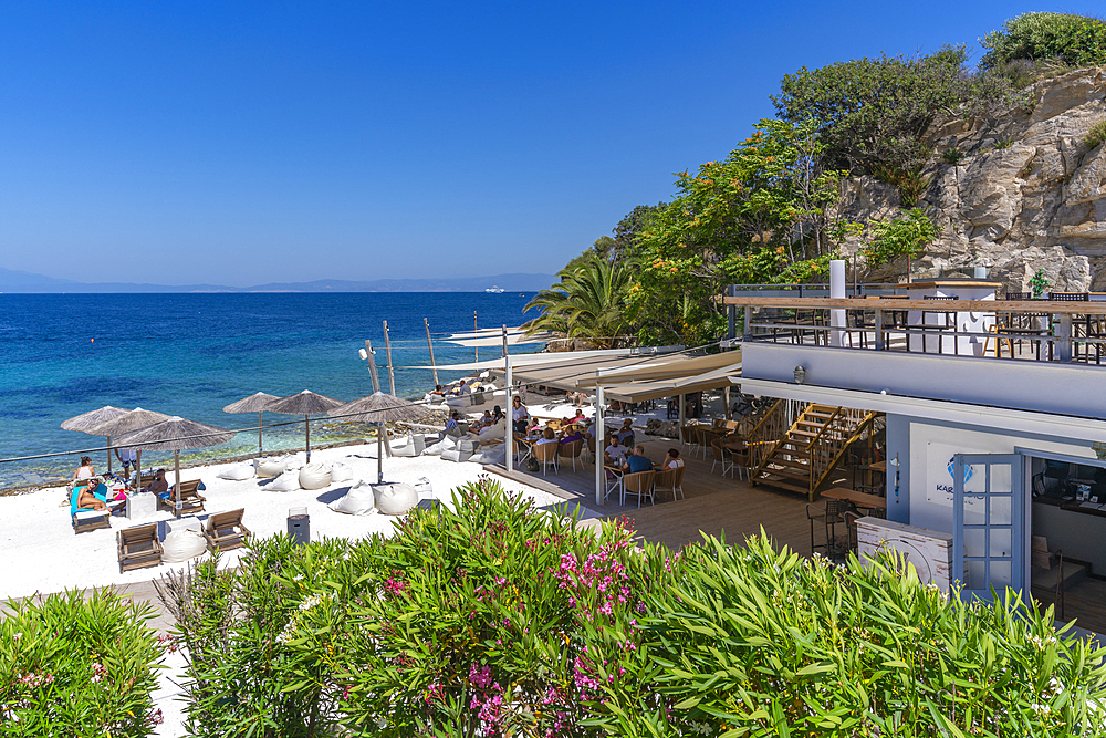 View of beach bar and sea in Thassos Town, Thassos, Aegean Sea, Greek Islands, Greece, Europe