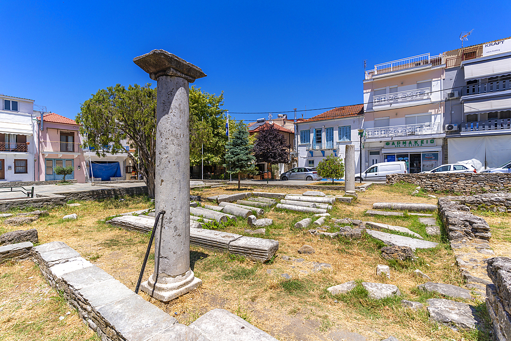 View of Memorial Square in Thassos Town, Thassos, Aegean Sea, Greek Islands, Greece, Europe