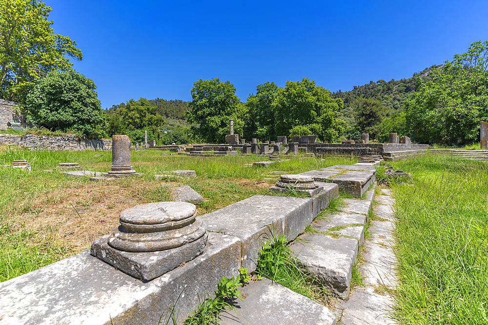 View of Ancient Agora of Thasos in Thassos Town, Thassos, Aegean Sea, Greek Islands, Greece, Europe