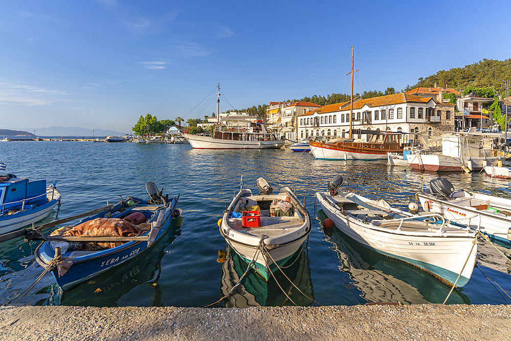 View of boats and harbour in Thassos Town, Thassos, Aegean Sea, Greek Islands, Greece, Europe