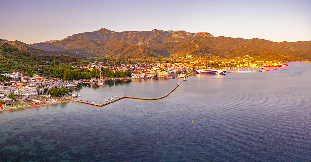 Aerial view of Thassos Town at sunrise, Thassos Town, Thassos, Aegean Sea, Greek Islands, Greece, Europe