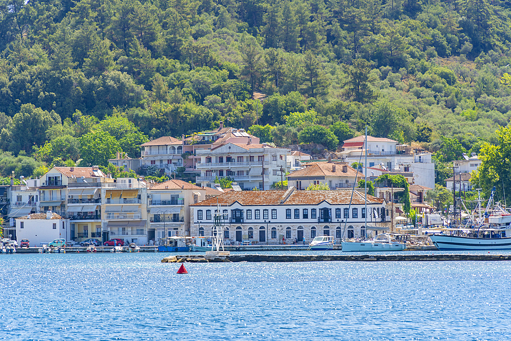 View of buildings and harbour in Thassos Town, Thassos, Aegean Sea, Greek Islands, Greece, Europe