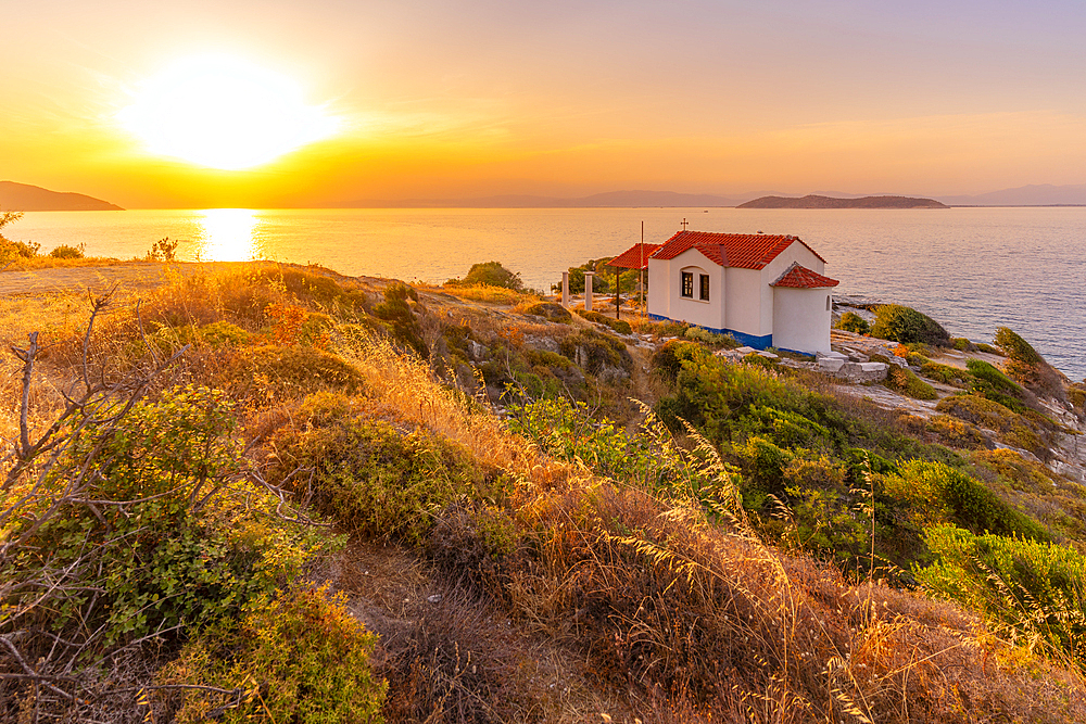 View of Church of the Holy Apostles in Thassos Town at sunset, Thassos, Aegean Sea, Greek Islands, Greece, Europe