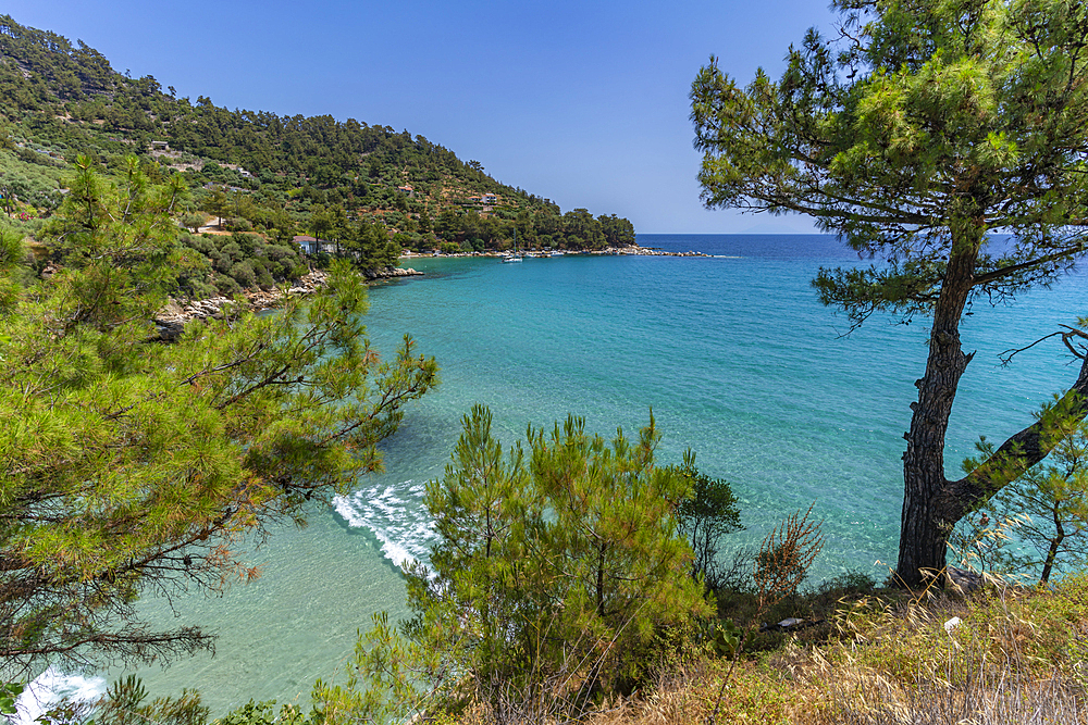 View of turquoise sea at Chrysi Ammoudia, Thassos, Aegean Sea, Greek Islands, Greece, Europe