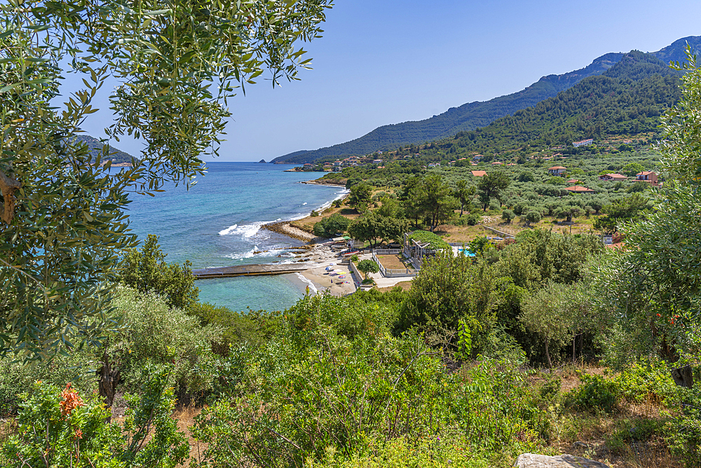 View of sea and beach at Koinyra, Thassos, Aegean Sea, Greek Islands, Greece, Europe