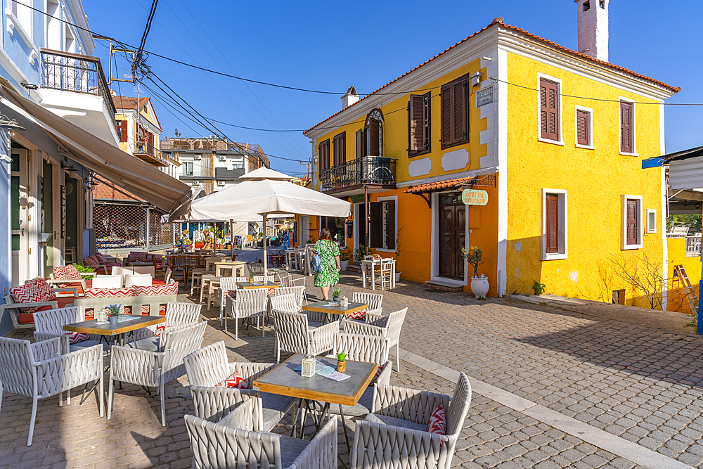 View of street cafe in Limenaria village, Limenaria, Thassos, Aegean Sea, Greek Islands, Greece, Europe