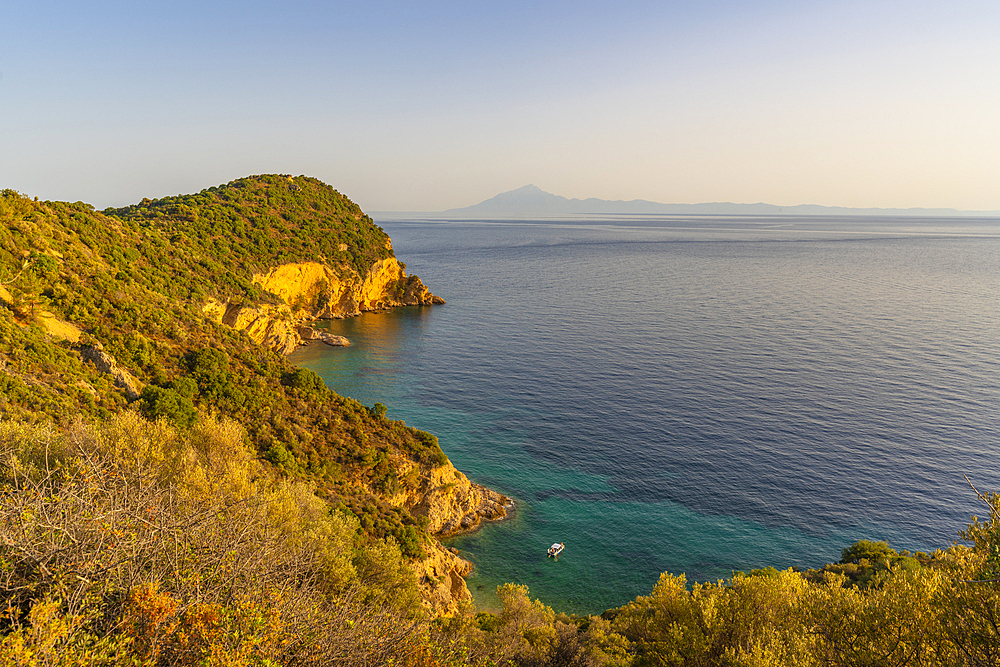 View of sea and coastline near Skala Kallirachis, Skala Kallirachis, Thassos, Aegean Sea, Greek Islands, Greece, Europe