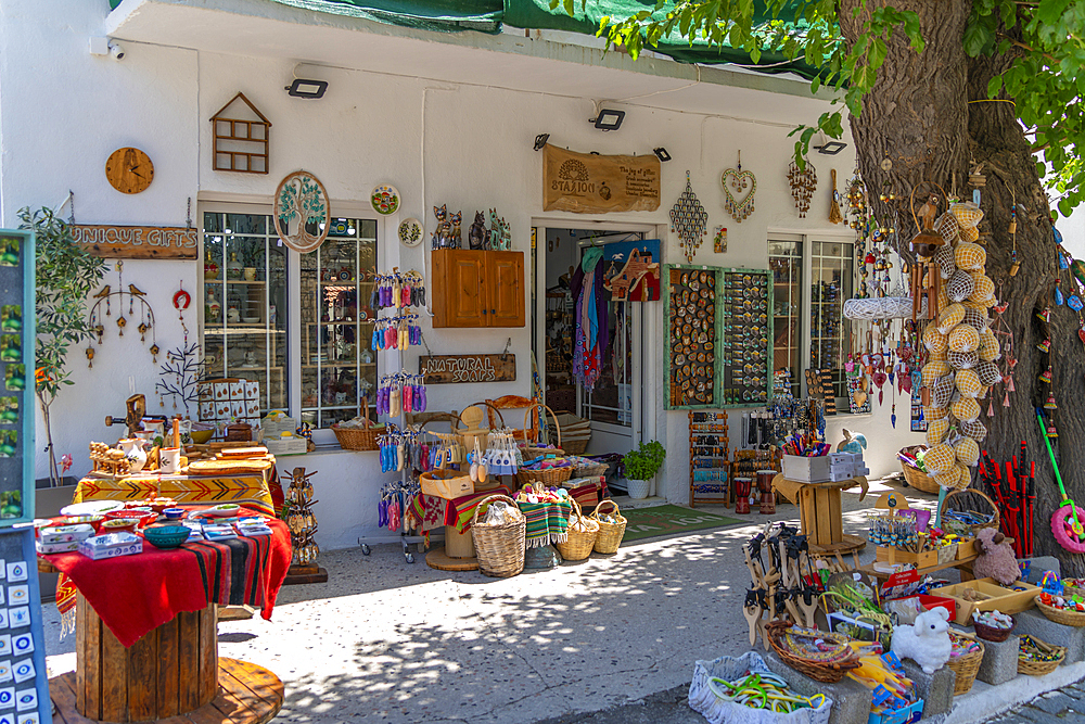 View of souvenir shop in Theologos, Theologos, Thassos, Aegean Sea, Greek Islands, Greece, Europe