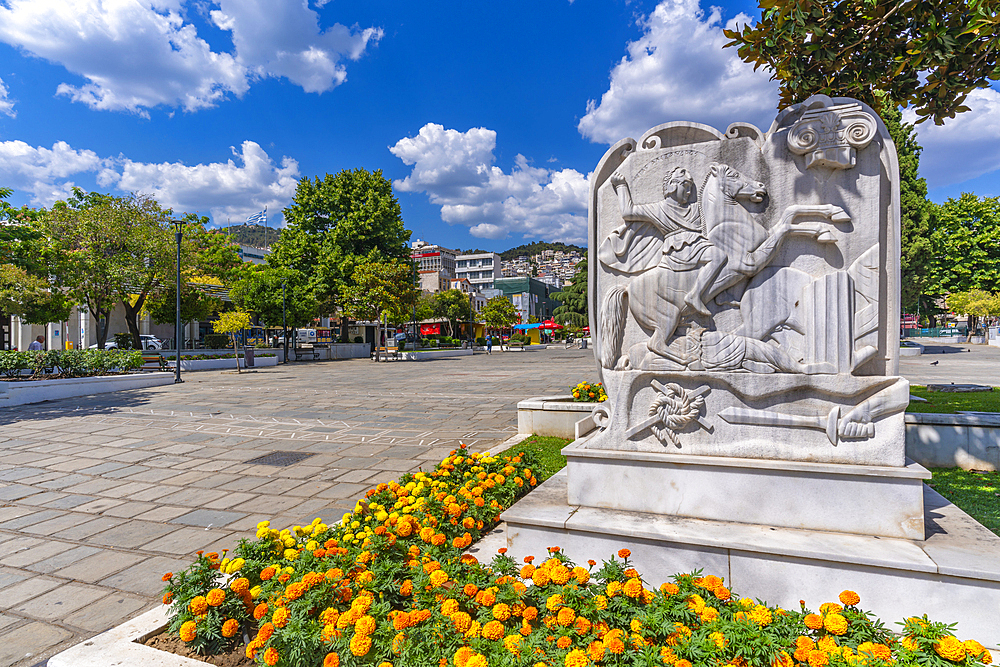 View of sculpture in Memorial Park, Dimos Kavalas, Eastern Macedonia and Thrace, Gulf of Thasos, Gulf of Kavala, Thracian Sea, Greece, Europe