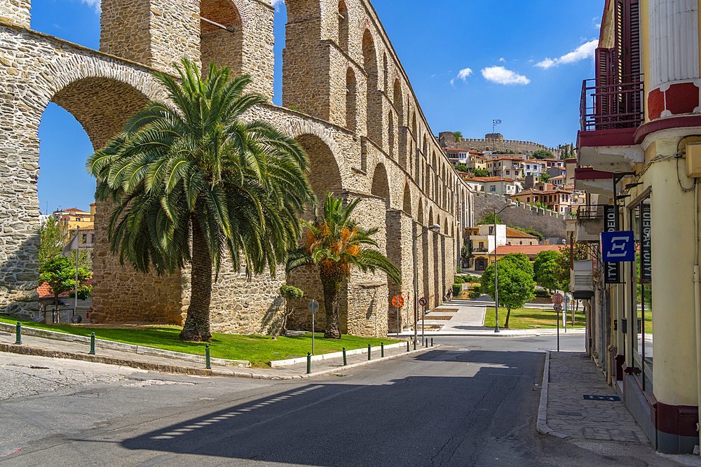 View of Aqueduct from the Ottoman era and Kavala Fortress, Dimos Kavalas, Eastern Macedonia and Thrace, Gulf of Thasos, Gulf of Kavala, Thracian Sea, Greece, Europe