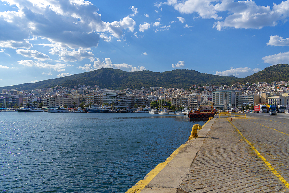 View of city and Port of Kavala, Dimos Kavalas, Eastern Macedonia and Thrace, Gulf of Thasos, Gulf of Kavala, Thracian Sea, Greece, Europe