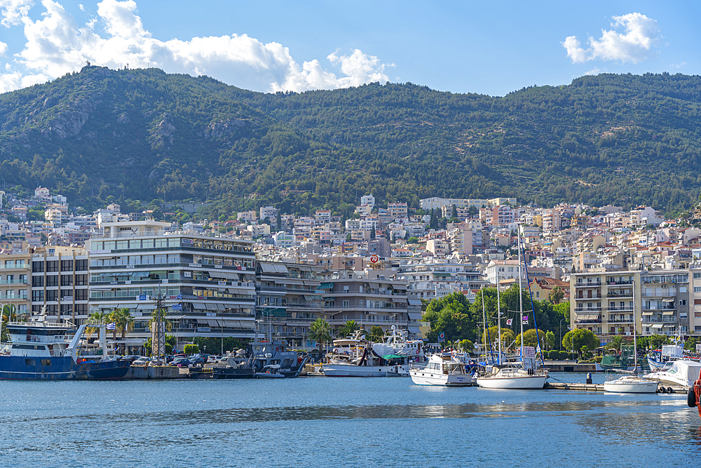 View of city from Port of Kavala, Dimos Kavalas, Eastern Macedonia and Thrace, Gulf of Thasos, Gulf of Kavala, Thracian Sea, Greece, Europe