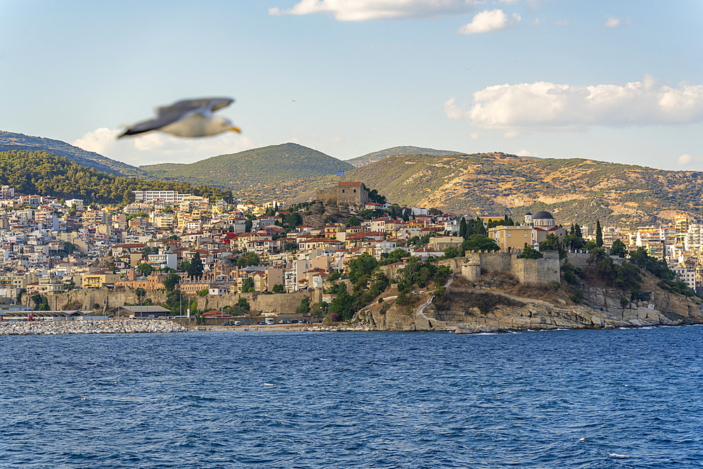 View of Kavala from ferry, Kavala, Dimos Kavalas, Eastern Macedonia and Thrace, Gulf of Thasos, Gulf of Kavala, Greece, Europe