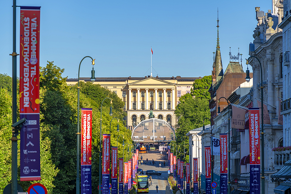 View of Royal Palace from Karl Johans Gate, Oslo, Norway, Scandinavia, Europe