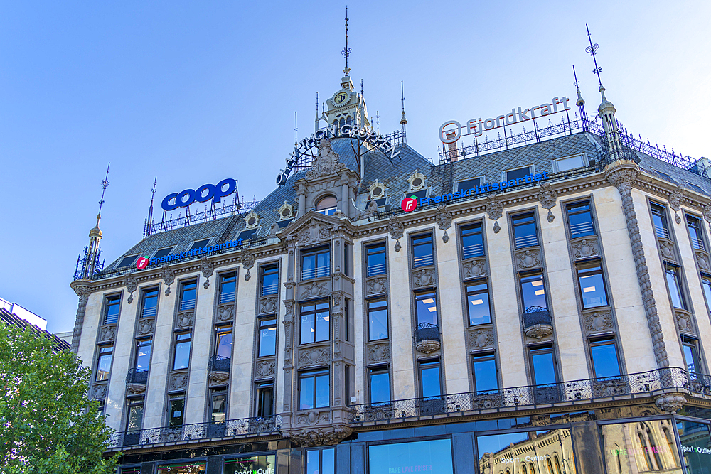 View of neon light and architecture on Karl Johans Gate, Oslo, Norway, Scandinavia, Europe