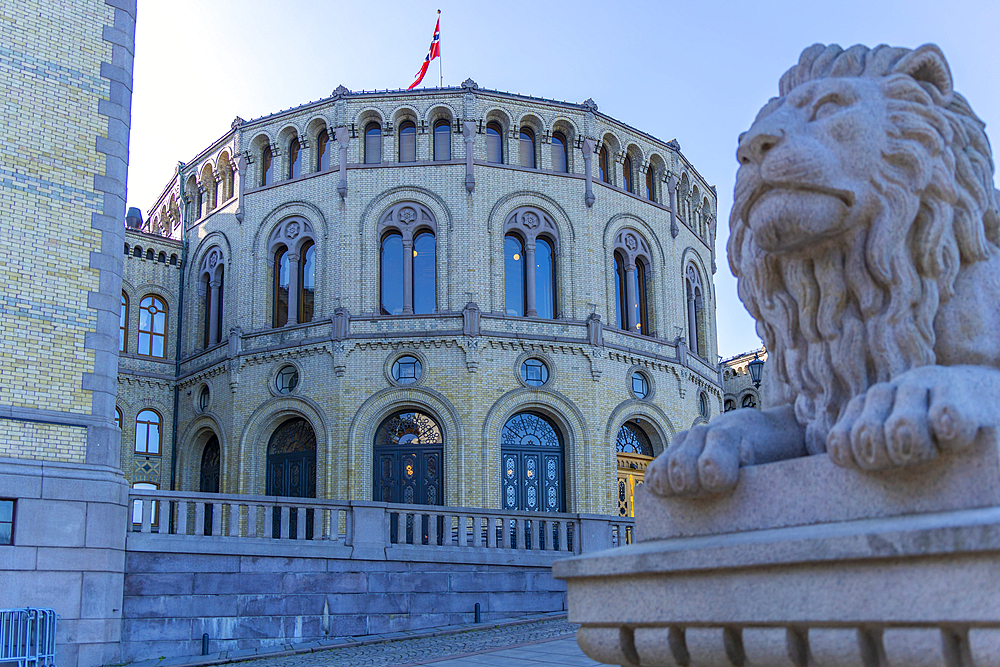 View of the Norwegian Parliament from Eidsvolls Plass, Oslo, Norway, Scandinavia, Europe