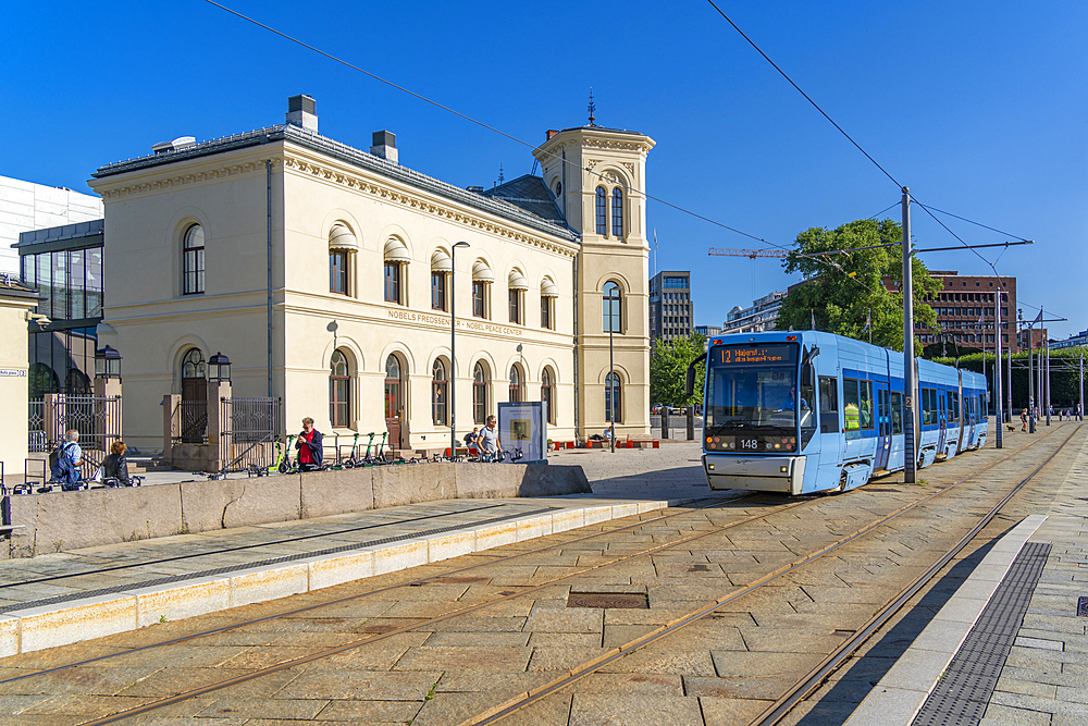 View of city tram and Nobel Peace Center, Oslo, Norway, Scandinavia, Europe