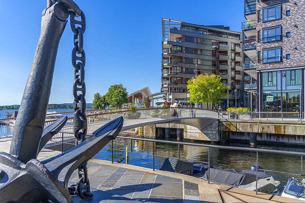 View of Anchor Cruiser Blucher and Astrup Fearnley Museum of Modern Art, Aker Brygge, Oslo, Norway, Scandinavia, Europe