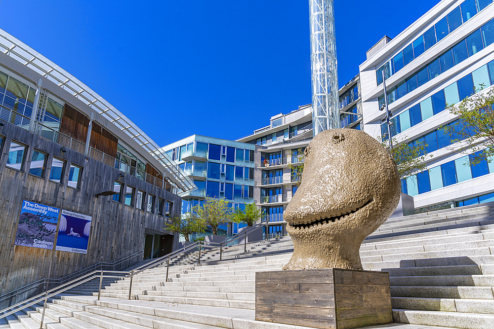 View of MOONRISE.east.November sculpture by Ugo Rondinone, in Strandpromenaden, Aker Brygge, Oslo, Norway, Scandinavia, Europe