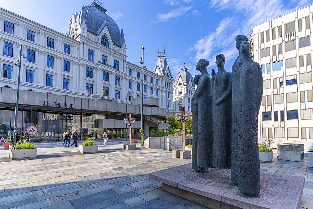 View of Victoria Terrasse and Turid Angell Eng sculpture in Johan Svendsens Plass, Oslo, Norway, Scandinavia, Europe