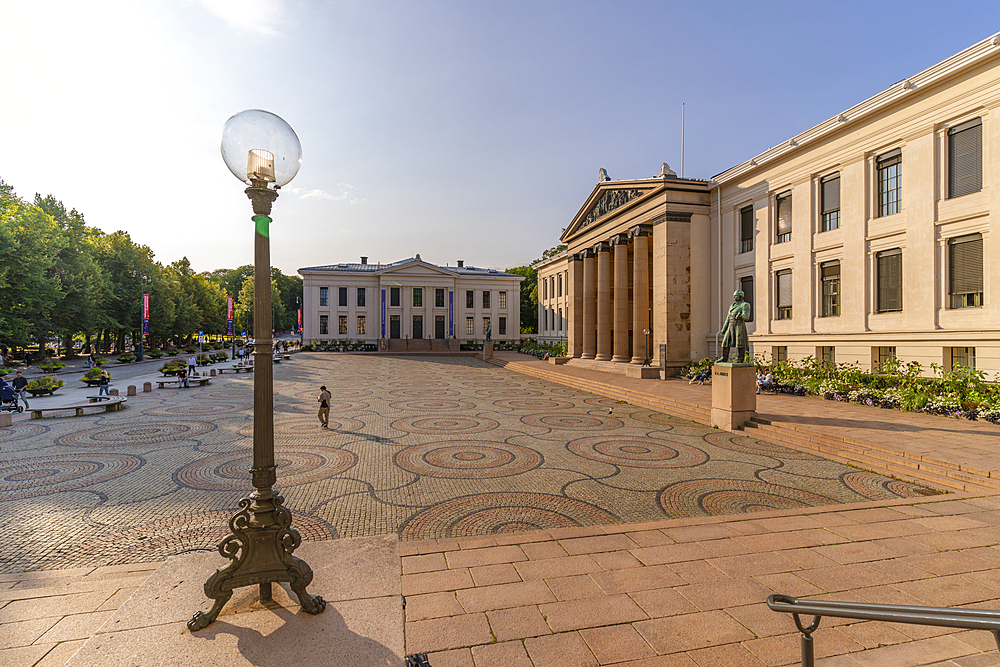 View of Domus Bibliotheca and Domus Media in University Square, Oslo, Norway, Scandinavia, Europe