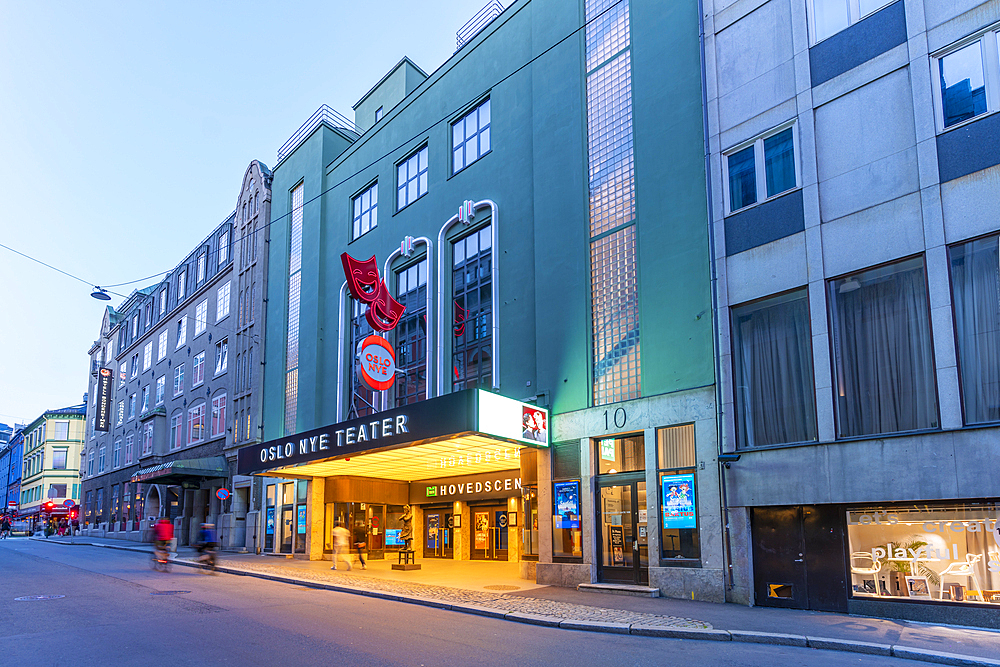 View of Oslo Nye Theater at dusk, Oslo, Norway, Scandinavia, Europe