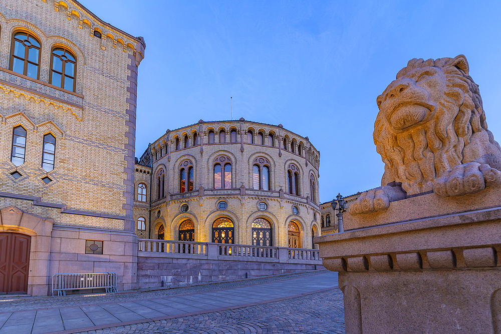 View of Norwegian Parliament at dusk, Oslo, Norway, Scandinavia, Europe