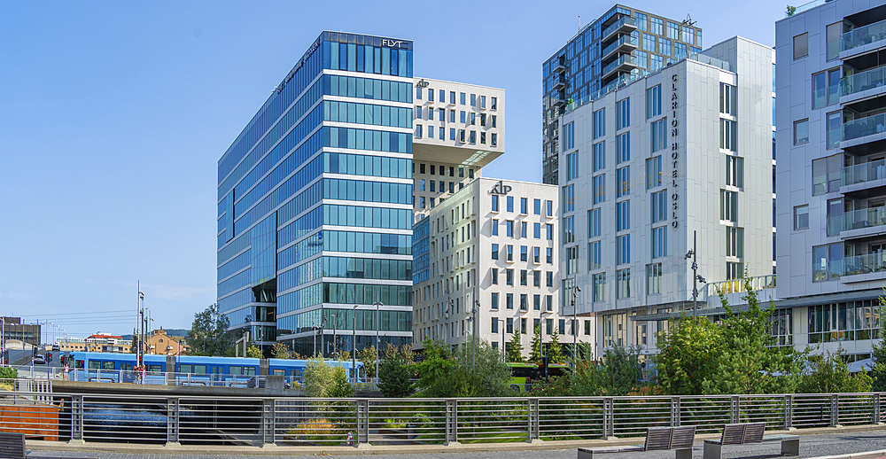 View of the Barcode buildings and city tram on a sunny day, Oslo, Norway, Scandinavia, Europe